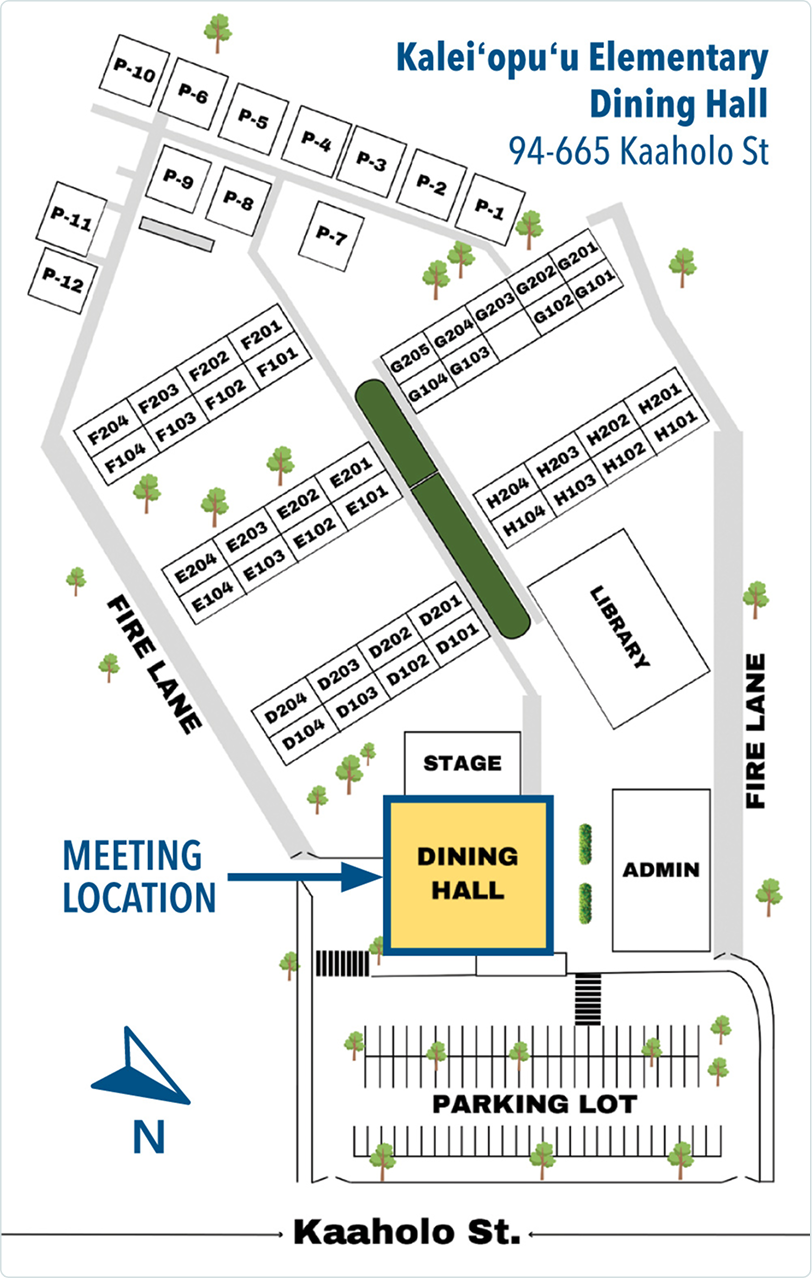 Site map of Kaleiʻopuʻu Elementary Dining Hall at 94-665 Kaaholo St. The map shows the dining hall near the bottom center of the campus, highlighted in yellow with a blue border and labeled “DINING HALL.” A blue arrow labeled “MEETING LOCATION” points to the left side entrance of the dining hall. Directly north of the dining hall is a stage. An administration building is located to the right, and a library is northeast of the dining hall. A large parking lot runs along Kaaholo Street at the south edge of the campus, with pedestrian walkways leading from the parking area to the dining hall. Classroom buildings labeled D, E, F, G, H, and P are distributed throughout the campus and marked with room numbers. Fire lanes run along the east and west sides of the campus. A north arrow is shown in the lower-left corner, indicating north toward the upper left of the map. Trees and landscaped areas are depicted throughout the site.