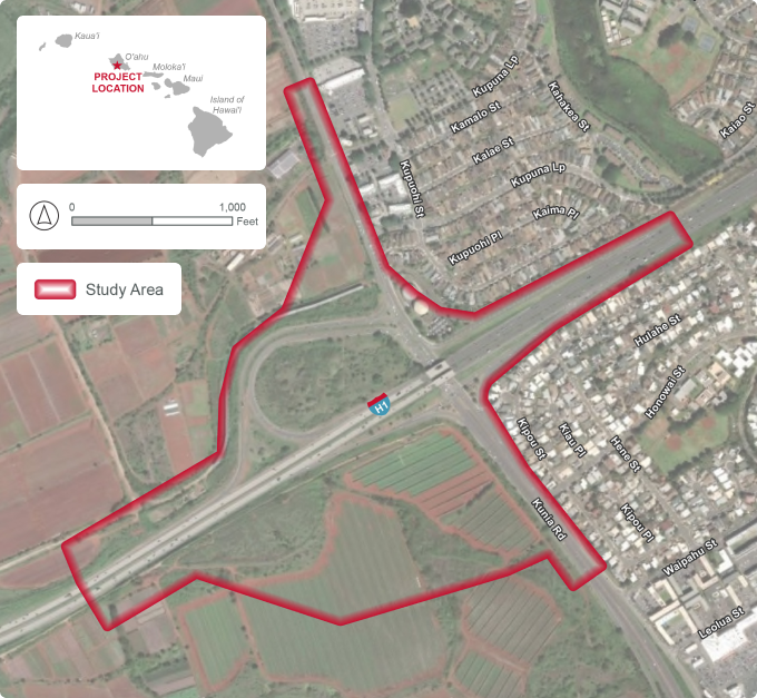 Aerial map showing a highway interchange study area outlined with a thick red border. The highlighted area follows roadway segments around an H-1 freeway interchange and includes adjacent land on both sides of the highway. Nearby residential neighborhoods and agricultural fields are visible. Street labels include Kupuna Loop, Kaima Place, Kamalo Street, Hinalea Street, and Kupuohi Street. An inset map in the upper-left corner shows the project location on the island of Oʻahu, Hawaii, marked with a red star. A scale bar indicates distances from 0 to 1,000 feet, and a legend identifies the red-outlined area as the “Study Area.”